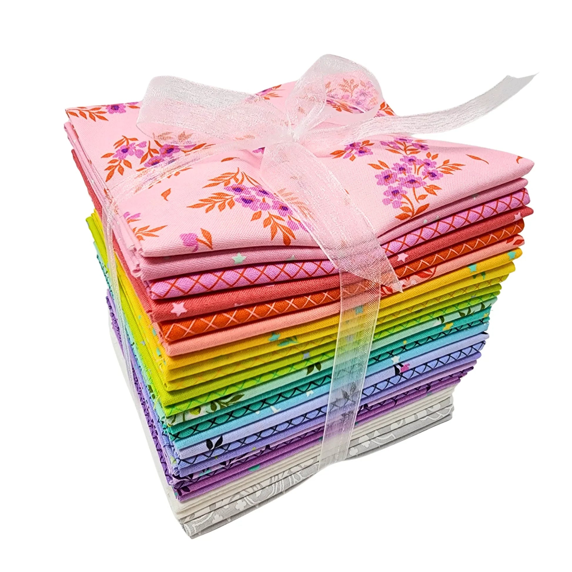 Stack of colorful fabric bundles tied with a ribbon on a white background