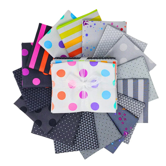 Collection of colorful fabric swatches with various patterns on a white background