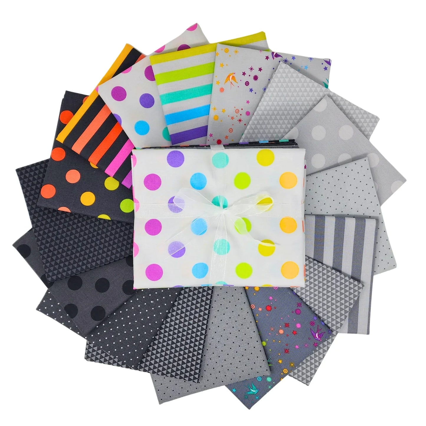 Collection of colorful fabric squares with various patterns on a white background
