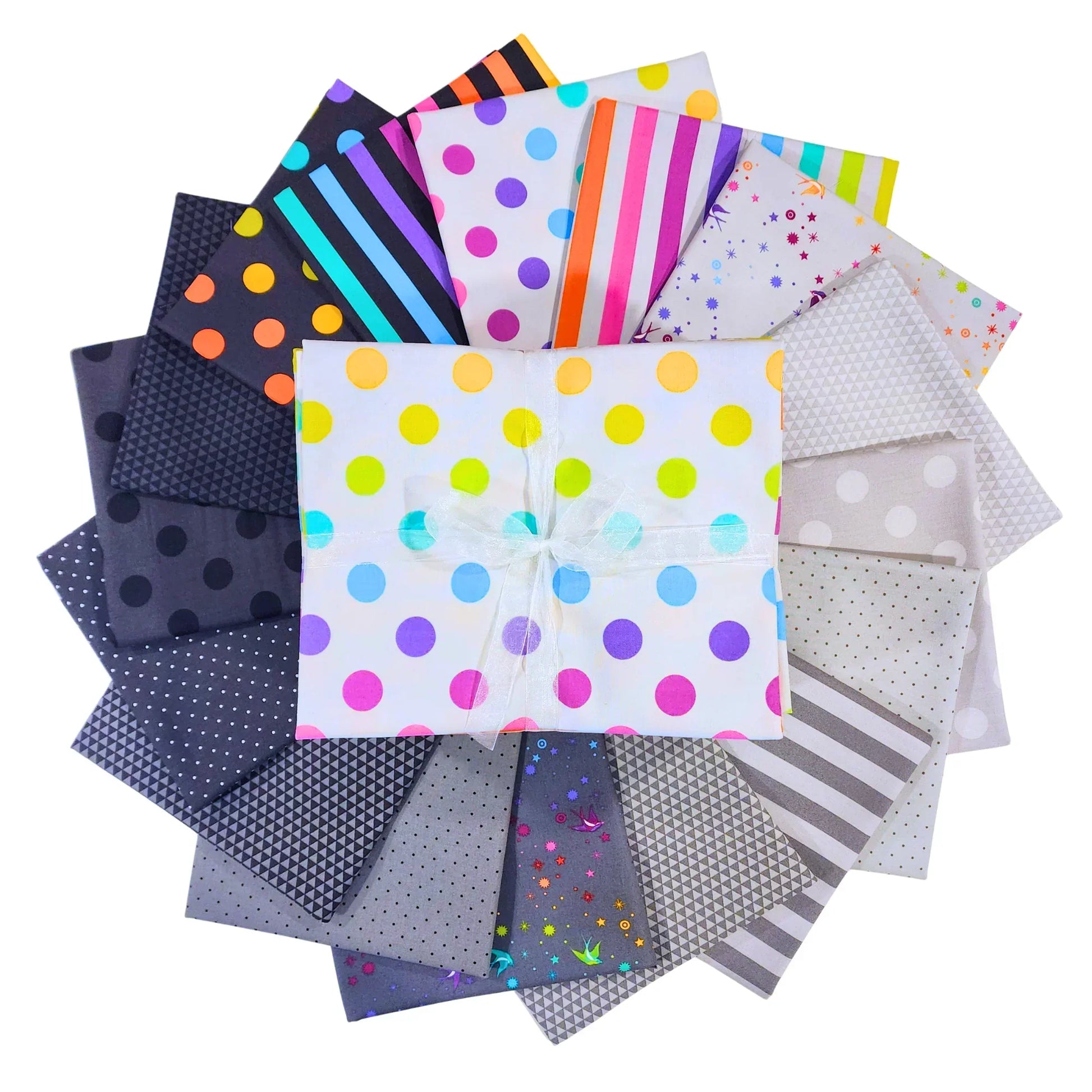 Collection of colorful fabric swatches with various patterns on a white background