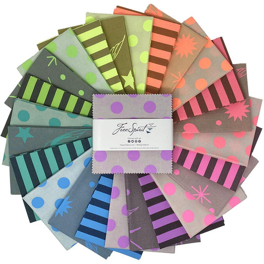 True Colors - Neon 5" Charm Pack contains 42 5″ squares of fabric with some prints duplicated.