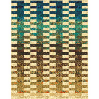 The Jungle Dreams Veggie Sticks Quilt Kit creates a simple strip quilt featuring a gradient of saturated blues, verdant teals, rich browns, and warm tans accented with a light beige textured print.