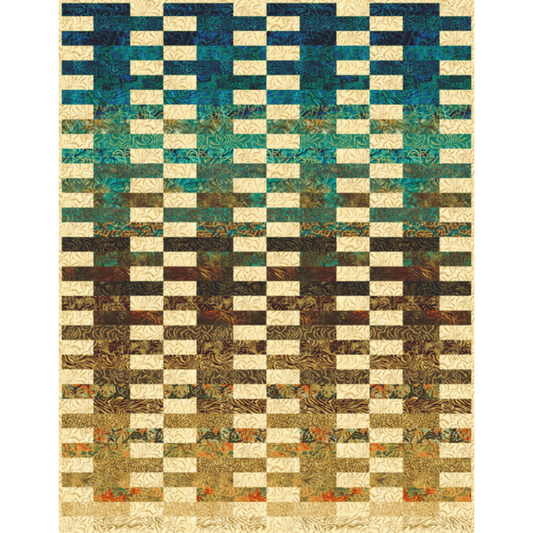 The Jungle Dreams Veggie Sticks Quilt Kit creates a simple strip quilt featuring a gradient of saturated blues, verdant teals, rich browns, and warm tans accented with a light beige textured print.