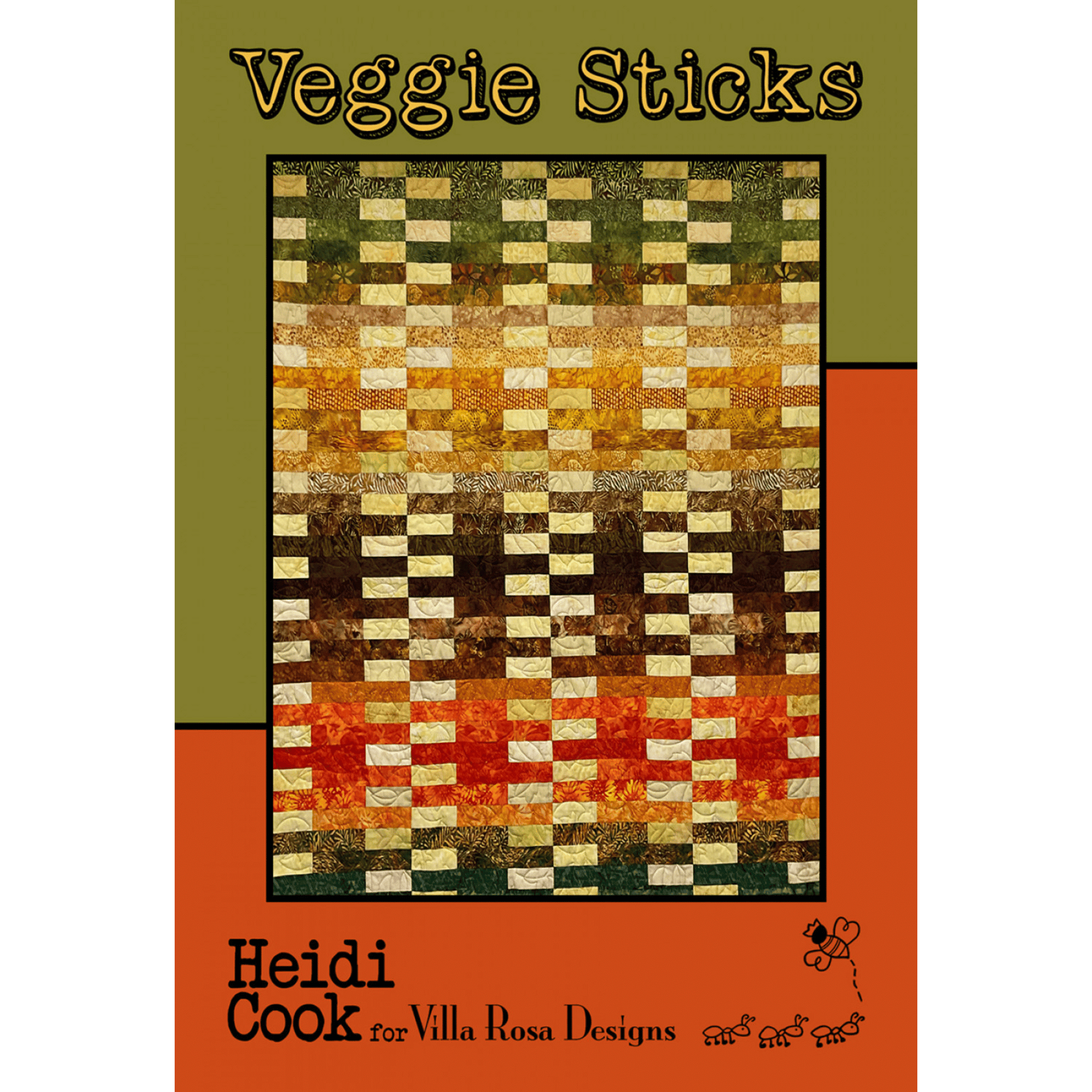 The Veggie Sticks Quilt Pattern from Villa Rosa Designs creates a simple strip quilt featuring a gradient of colors accented with a contrast print.