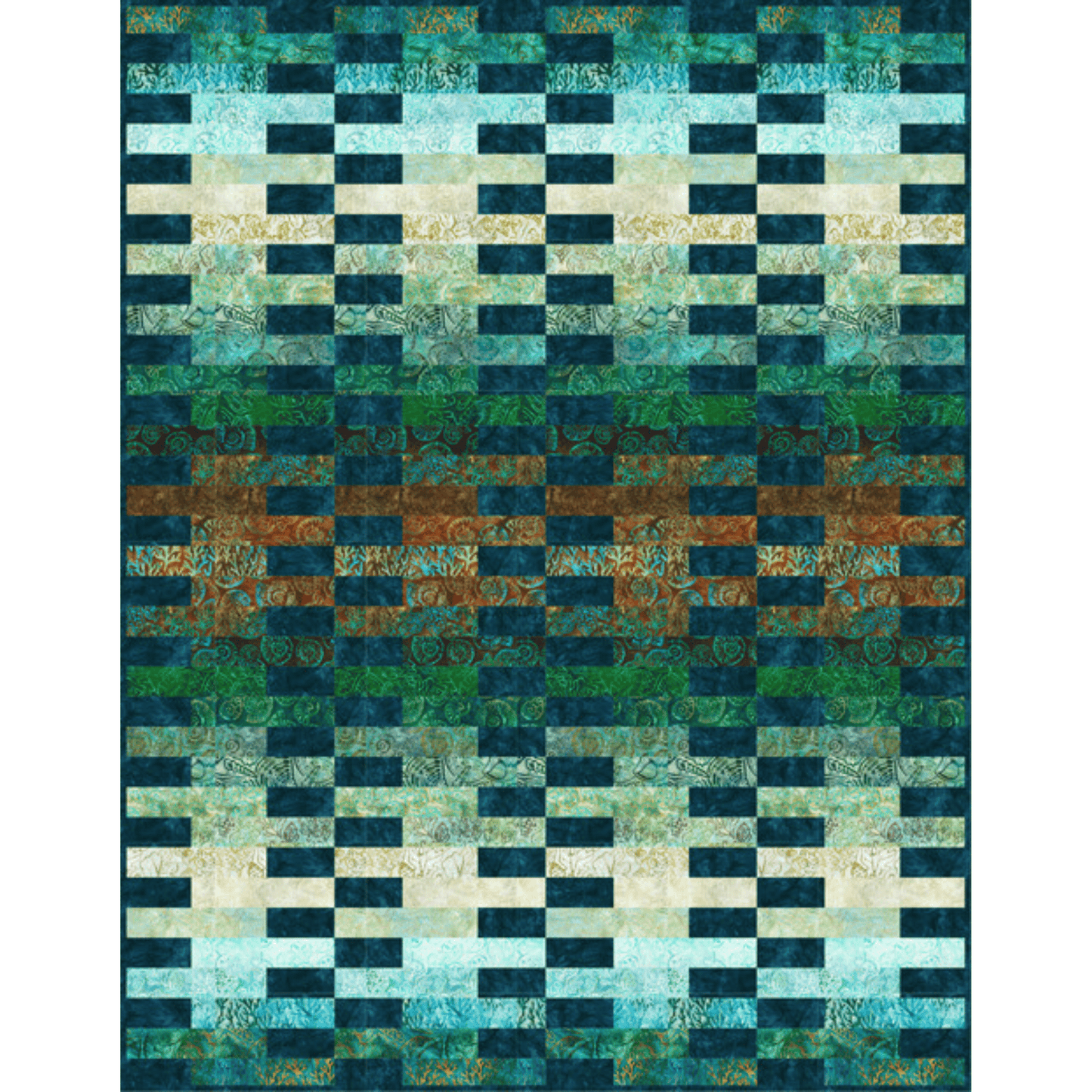 The Veggie Sticks Quilt Sample features stripes in a gradient of greens, blues, and browns accented with a navy blue contrast print.