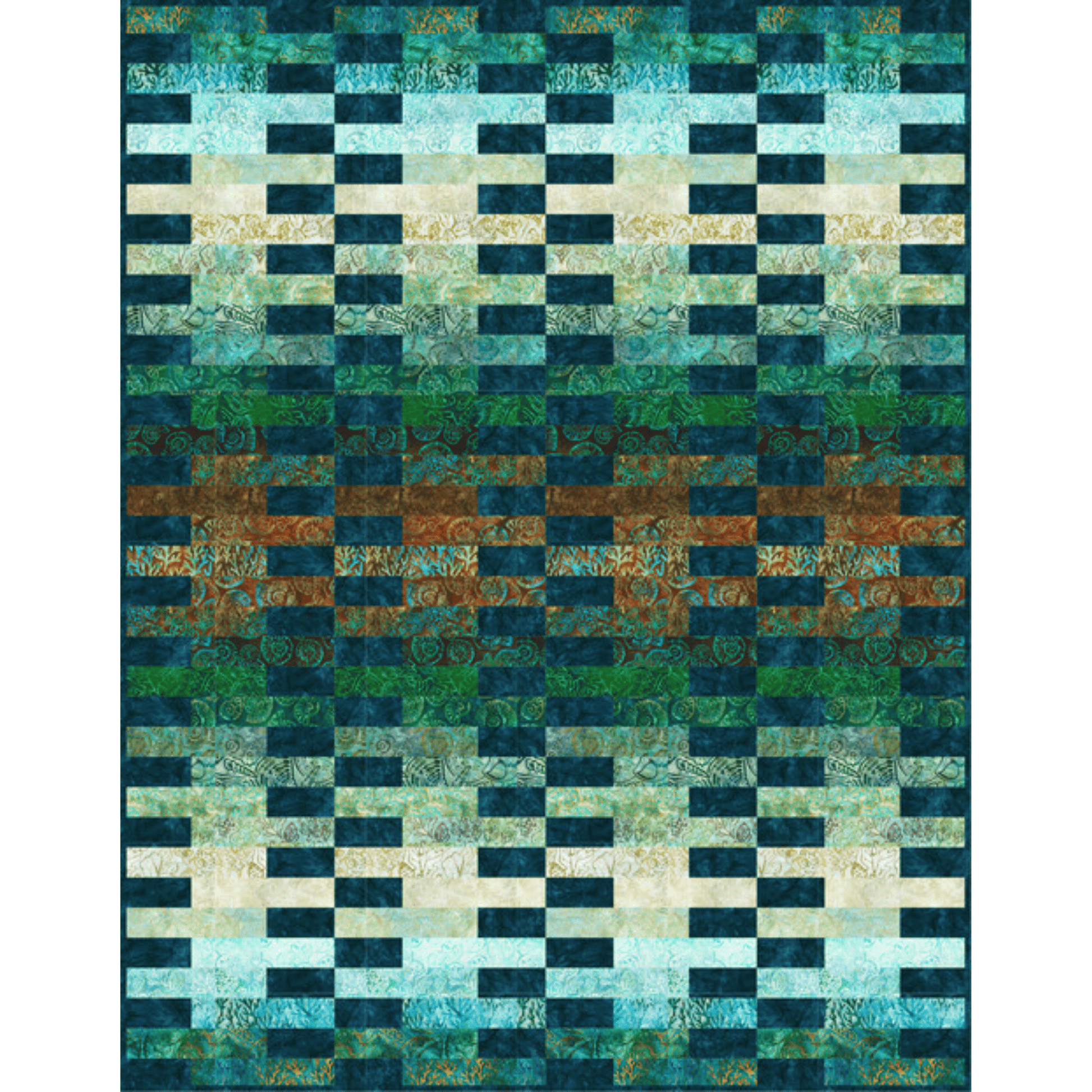 The Veggie Sticks Quilt Sample features stripes in a gradient of greens, blues, and browns accented with a navy blue contrast print.