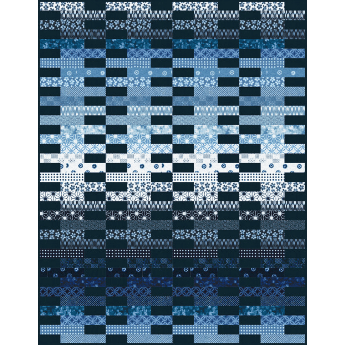 The Veggie Sticks Quilt Sample features stripes in a gradient of white, light blue, and navy prints accented with a solid navy blue contrast print.