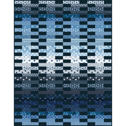 The Veggie Sticks Quilt Sample features stripes in a gradient of white, light blue, and navy prints accented with a solid navy blue contrast print.