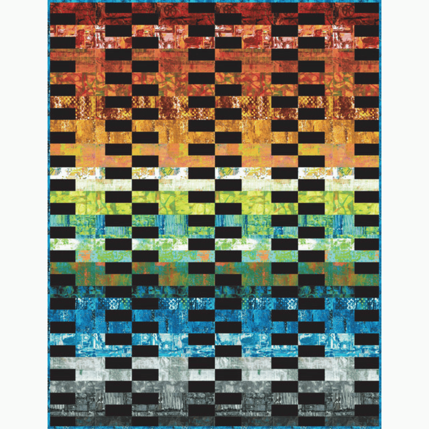 The Veggie Sticks Quilt Sample features stripes in a gradient of rainbow colors accented with a solid black contrast print.