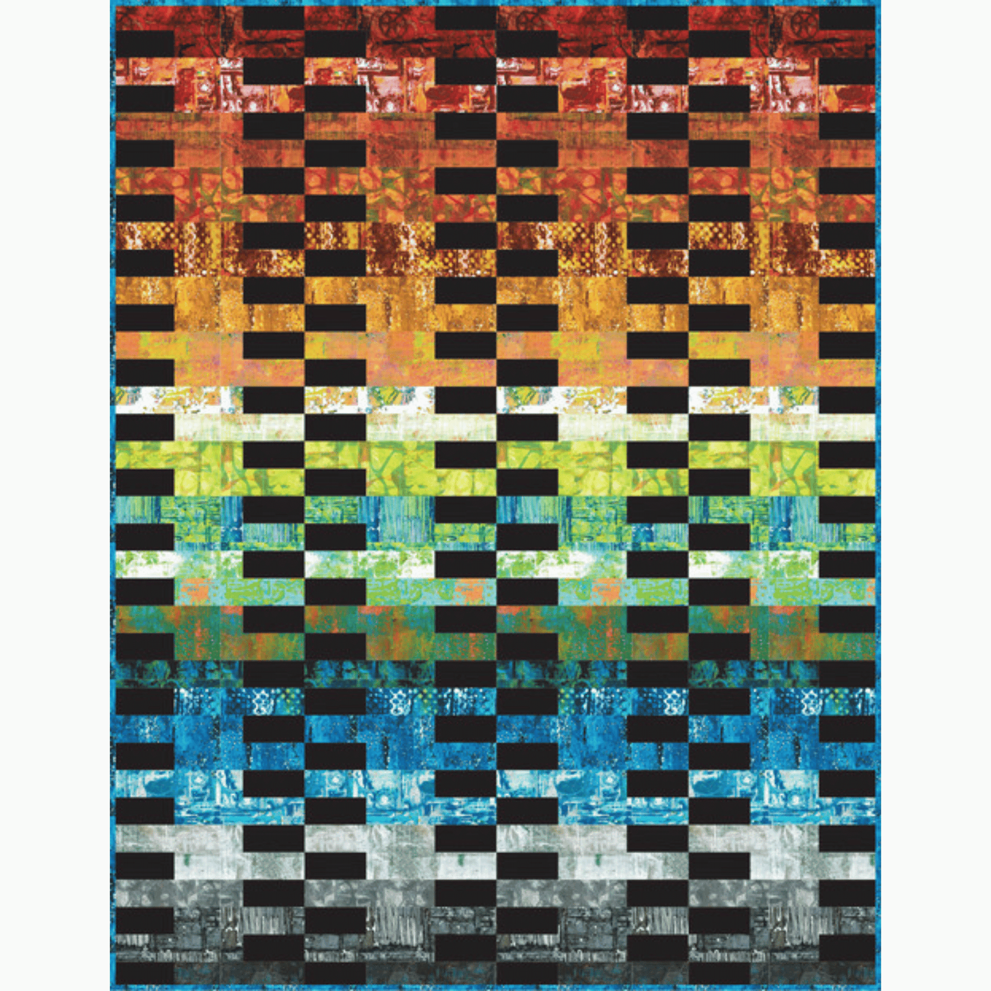 The Veggie Sticks Quilt Sample features stripes in a gradient of rainbow colors accented with a solid black contrast print.