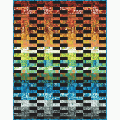 The Veggie Sticks Quilt Sample features stripes in a gradient of rainbow colors accented with a solid black contrast print.