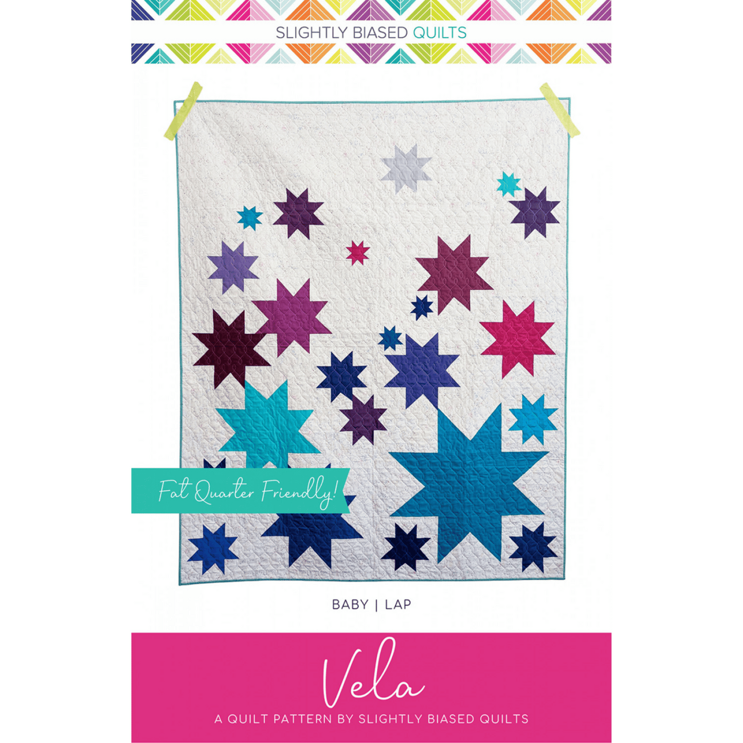 The Vela Quilt Pattern is a fun take on wonky stars. This modern quilt features various sized star blocks in different colors pieced with a single background fabric.