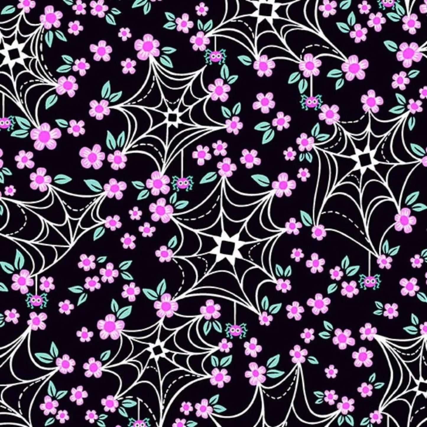 Pattern of cartoon-style spider webs and pink flowers on a black background