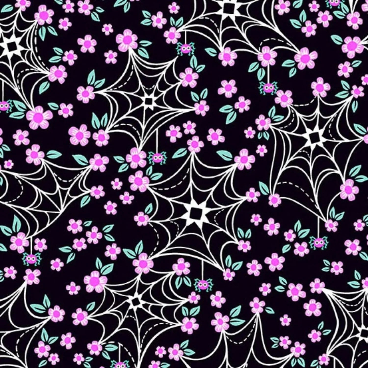 Pattern of cartoon-style spider webs and pink flowers on a black background