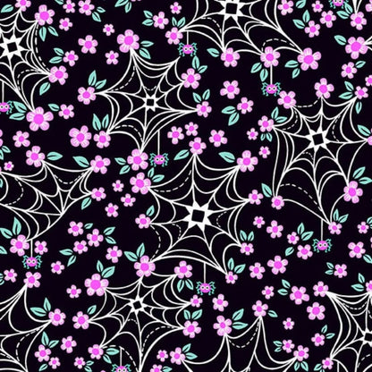 Pattern of cartoon-style spider webs and pink flowers on a black background