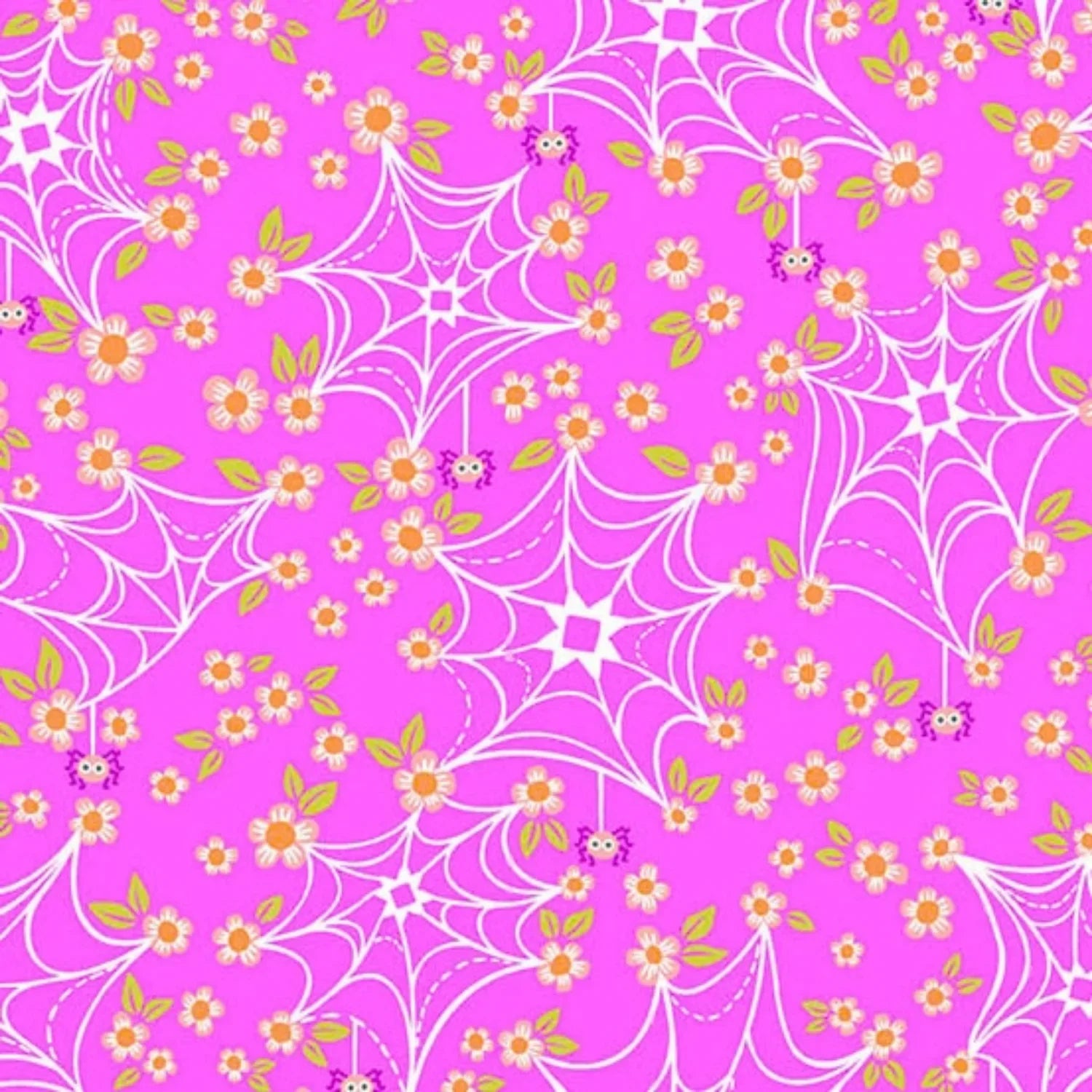 Spider webs and orange flowers on a pink background