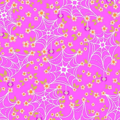 Spider webs and orange flowers on a pink background