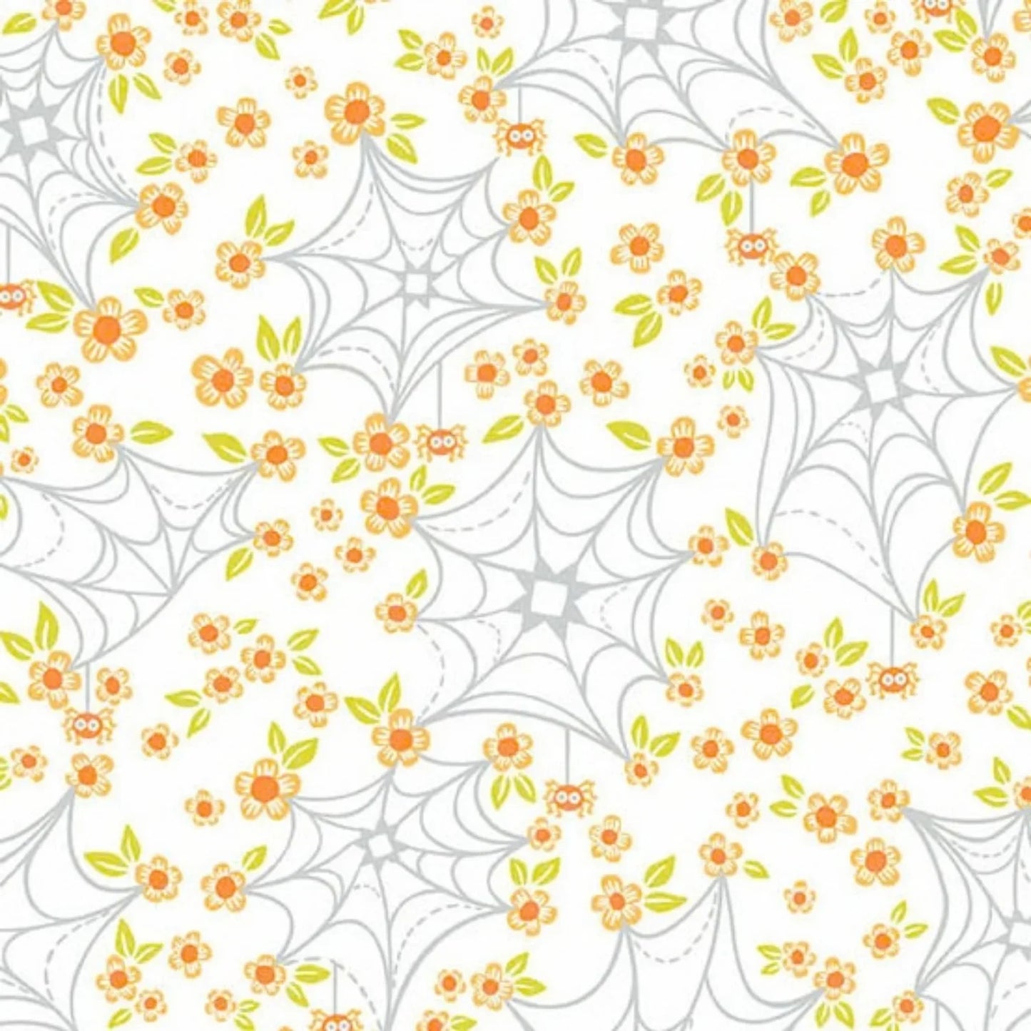 Pattern of cartoon-like spider webs and orange flowers on a white background