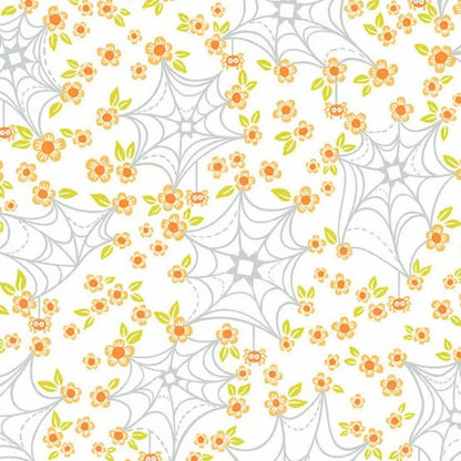 Pattern of cartoon-like spider webs and orange flowers on a white background