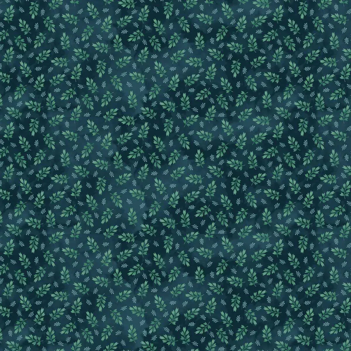 Fabric with green leaf pattern on a dark blue background.
