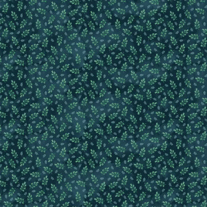 Fabric with green leaf pattern on a dark blue background.