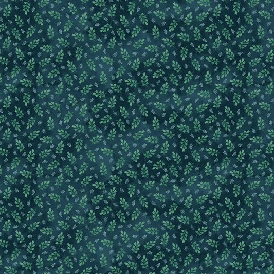 Fabric with green leaf pattern on a dark blue background.
