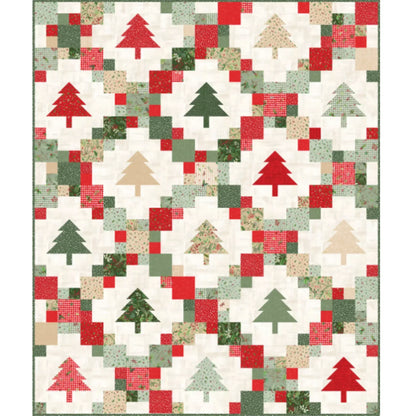Quilt pattern with Christmas tree shapes in red, green, and beige on a white background