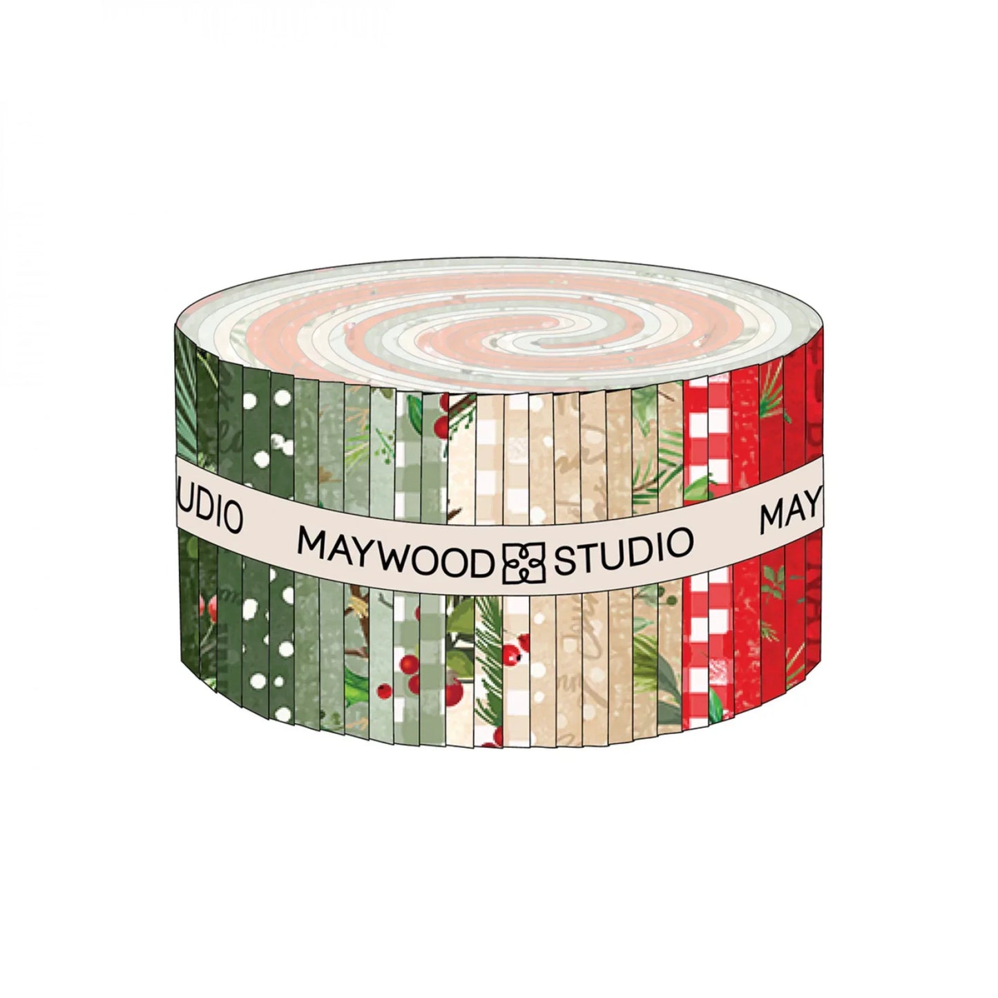 Roll of red, tan, and green strips with festive patterns on a white background