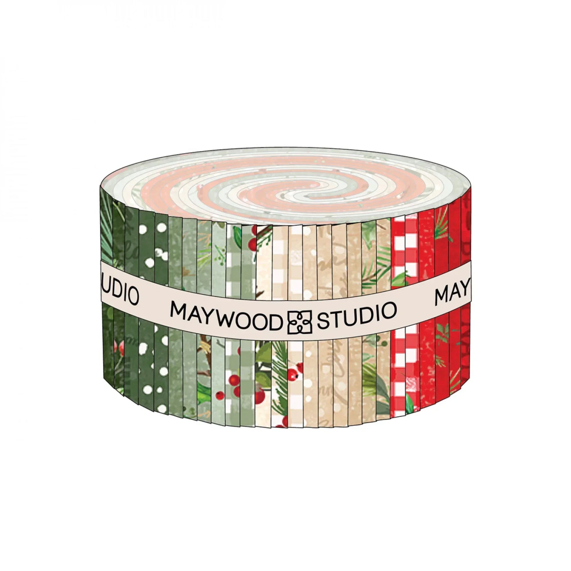 Roll of red, tan, and green strips with festive patterns on a white background