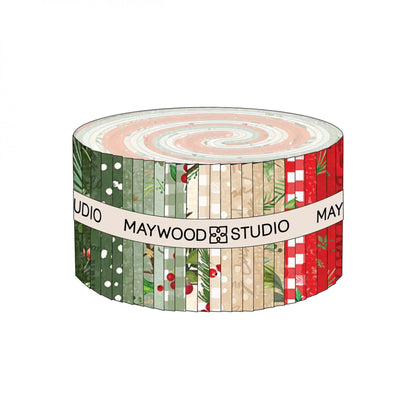 Roll of red, tan, and green strips with festive patterns on a white background