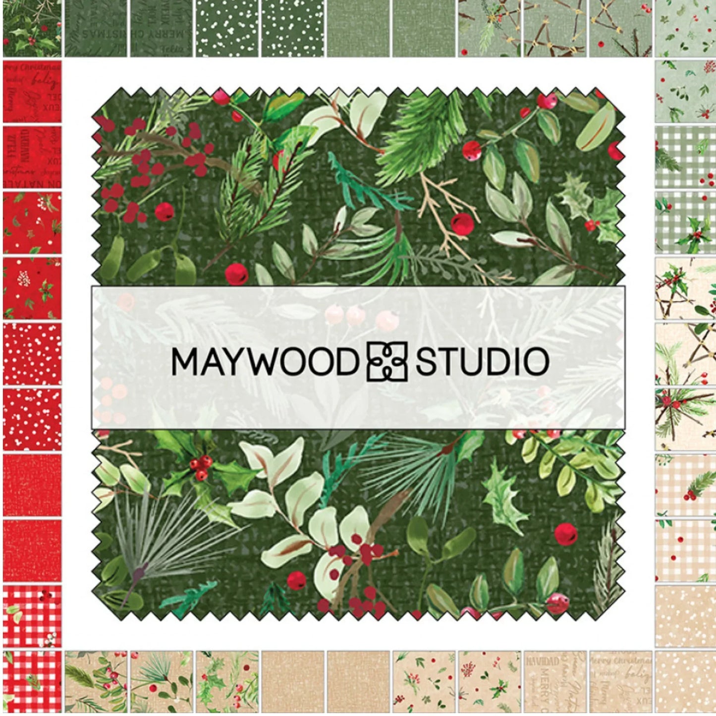Collection of red, tan, and green fabric swatches with festive patterns in a border around a green floral square with Maywood Studio branding.