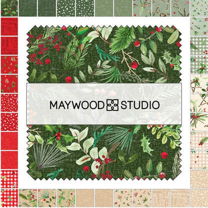 Collection of red, tan, and green fabric swatches with festive patterns in a border around a green floral square with Maywood Studio branding.