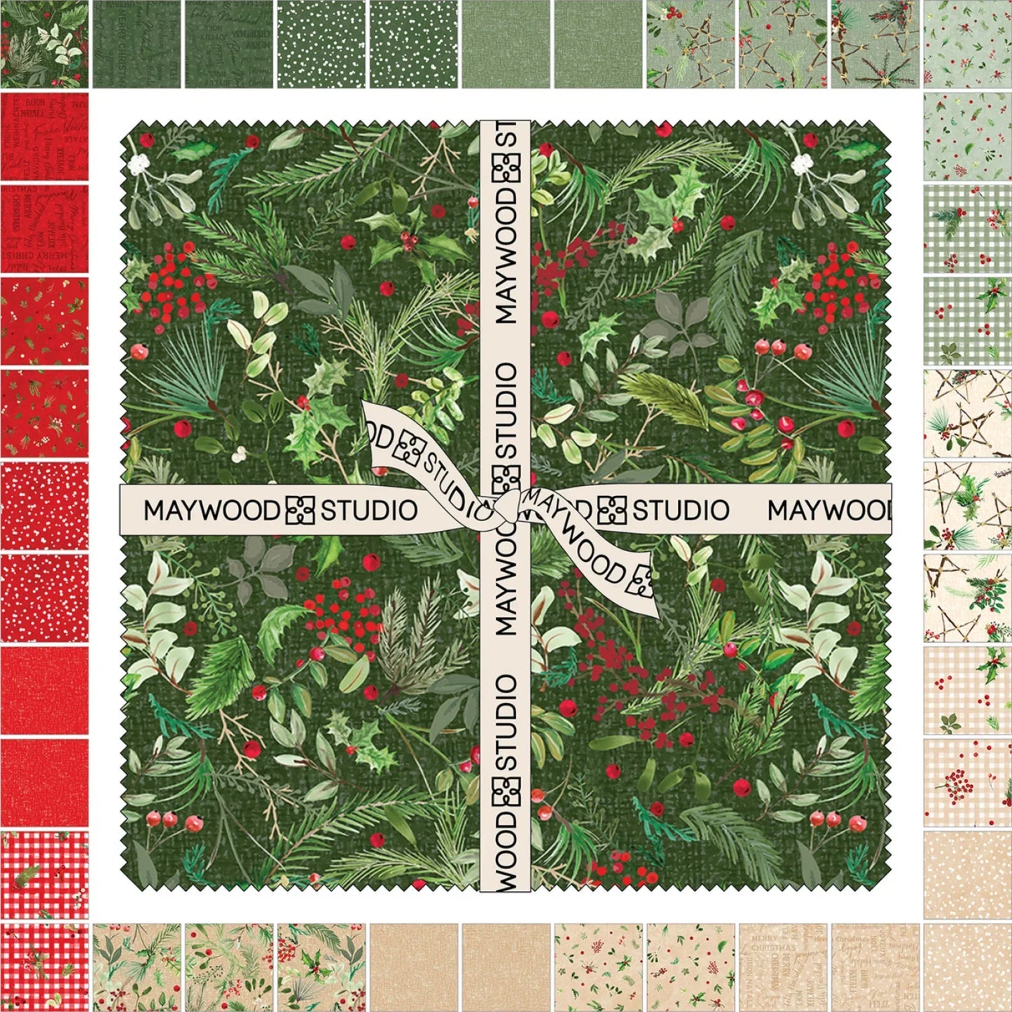 Collection of red, tan, and green fabric swatches with festive patterns in a border around a green floral square with Maywood Studio branding.