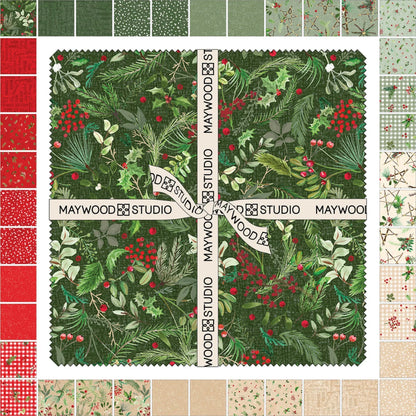Collection of red, tan, and green fabric swatches with festive patterns in a border around a green floral square with Maywood Studio branding.