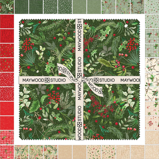 Collection of red, tan, and green fabric swatches with festive patterns in a border around a green floral square with Maywood Studio branding.