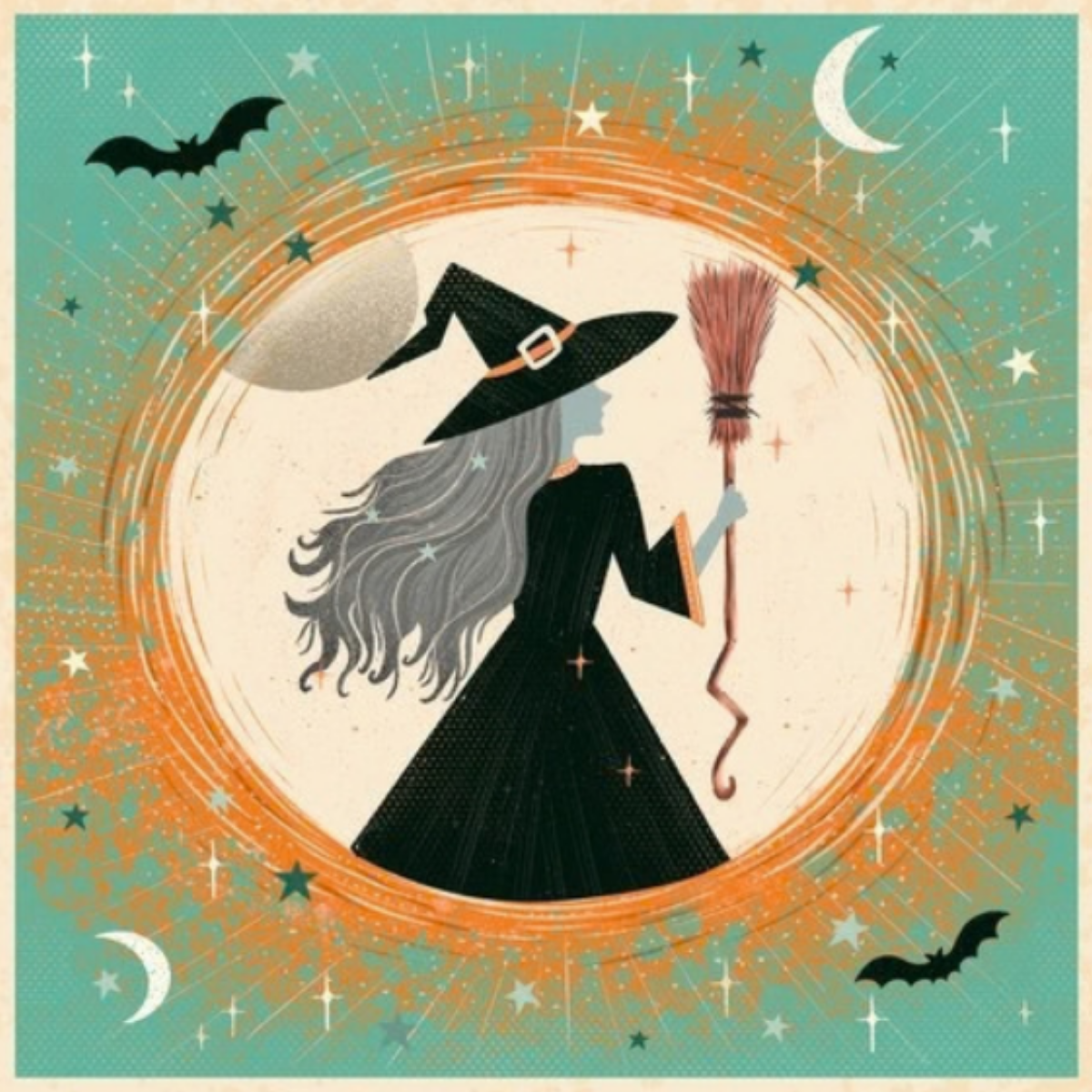 Illustration of a witch with a broomstick against a celestial background with bats and stars.