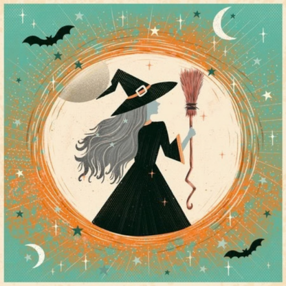 Illustration of a witch with a broomstick against a celestial background with bats and stars.