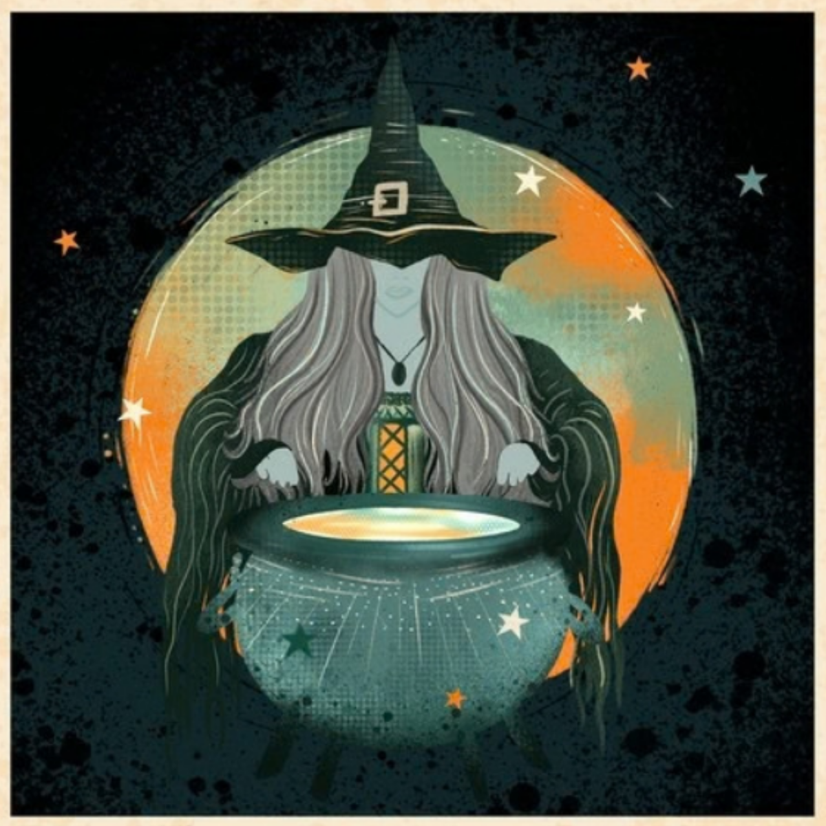 Witch in a hat with a glowing cauldron against a starry night sky