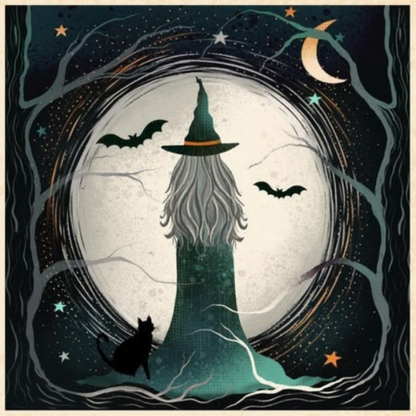 Halloween-themed illustration of a witch, bats, and a black cat with a full moon in the background