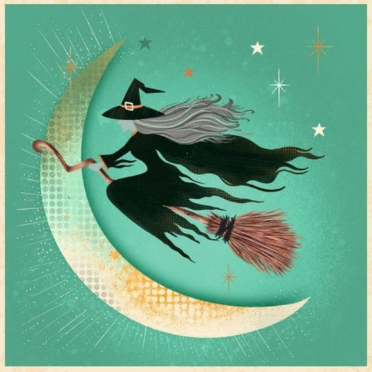Witch flying on a broomstick over a crescent moon with stars on a teal background