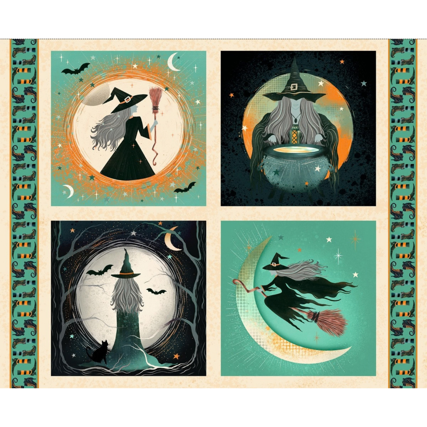 Fabric panel with four Halloween-themed illustrations of witches with a decorative teal border featuring witchy boots.