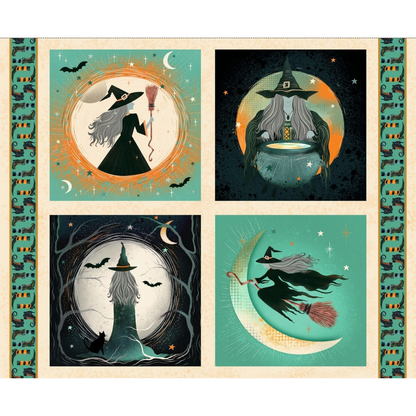 Fabric panel with four Halloween-themed illustrations of witches with a decorative teal border featuring witchy boots.