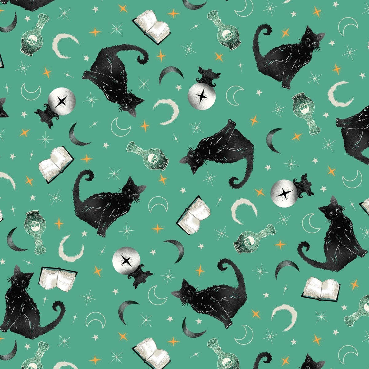 Pattern of black cats, books, and potion bottles on a teal-green background