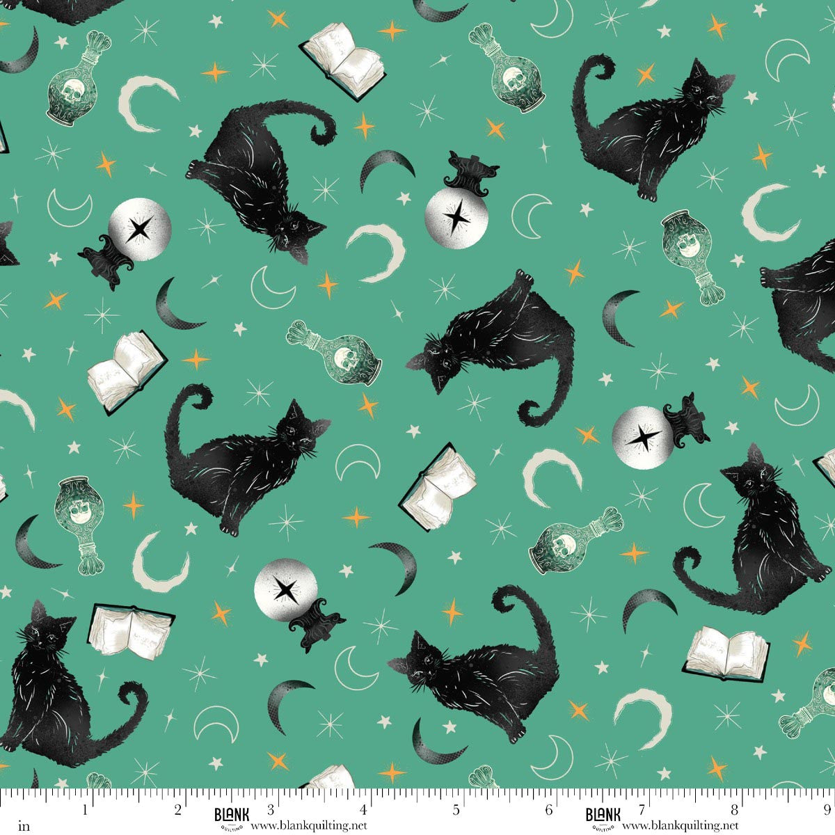 Pattern of black cats, books, and potion bottles on a teal-green background with a ruler for scale.