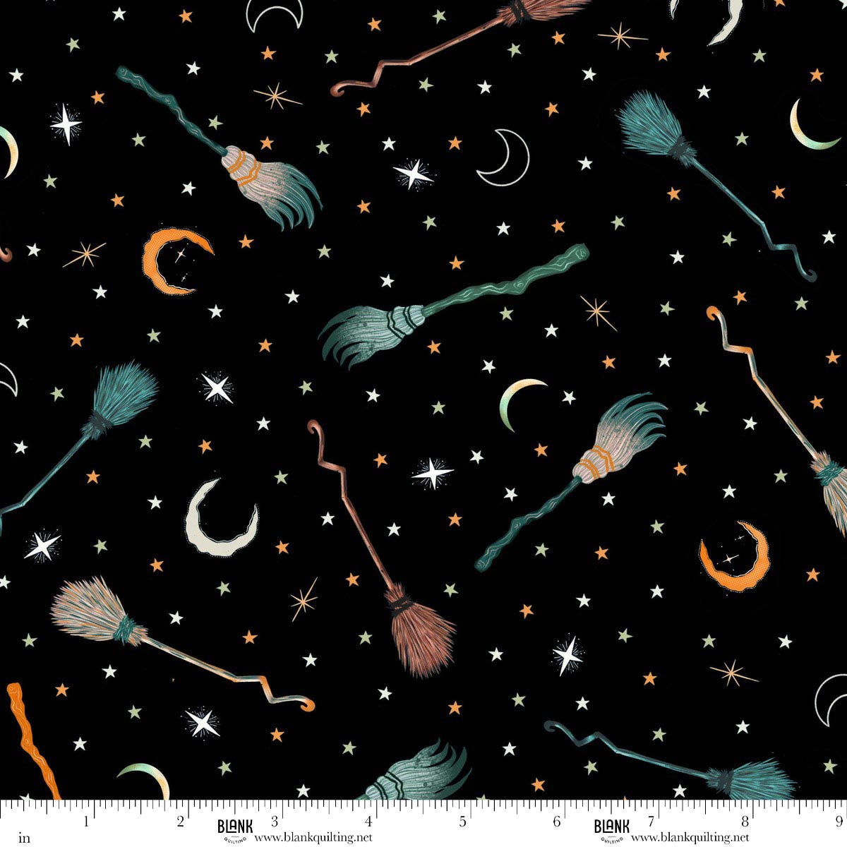 Pattern of witch brooms, crescent moons, and stars on a black background with a ruler for scale.