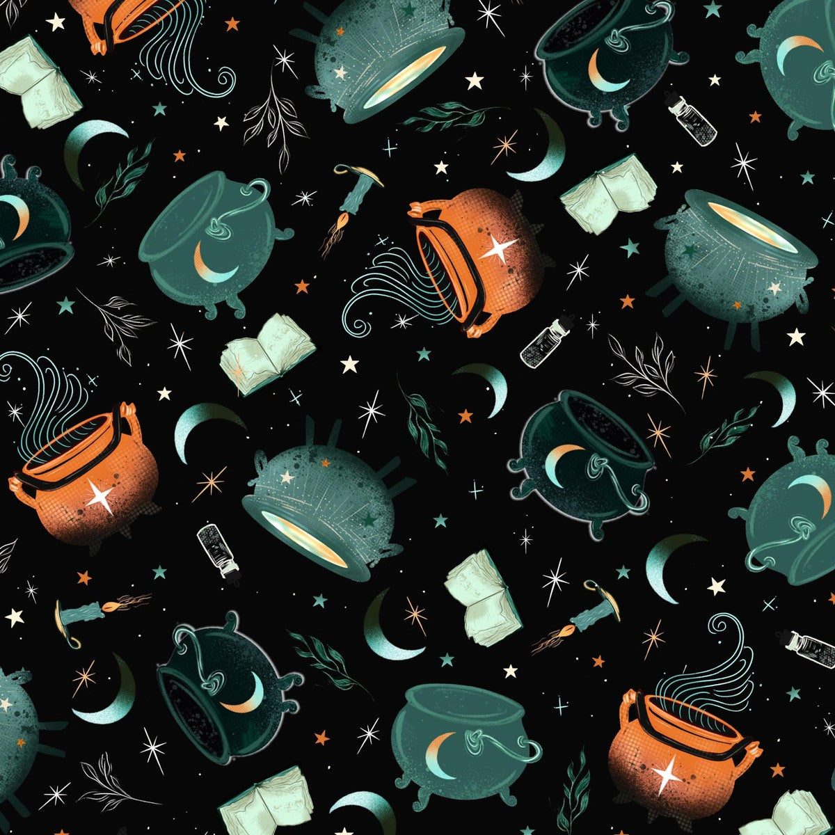 Halloween-themed fabric with cauldrons, books, candles, crescent moons, and stars on a black background.