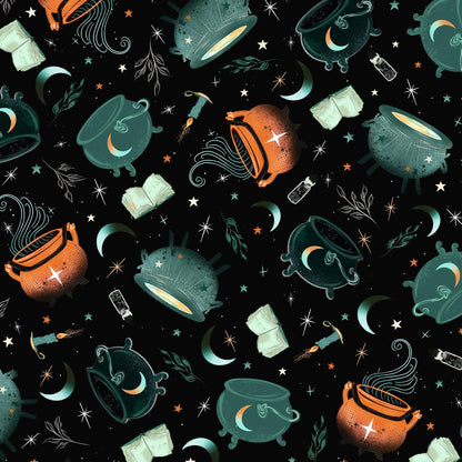 Halloween-themed fabric with cauldrons, books, candles, crescent moons, and stars on a black background.