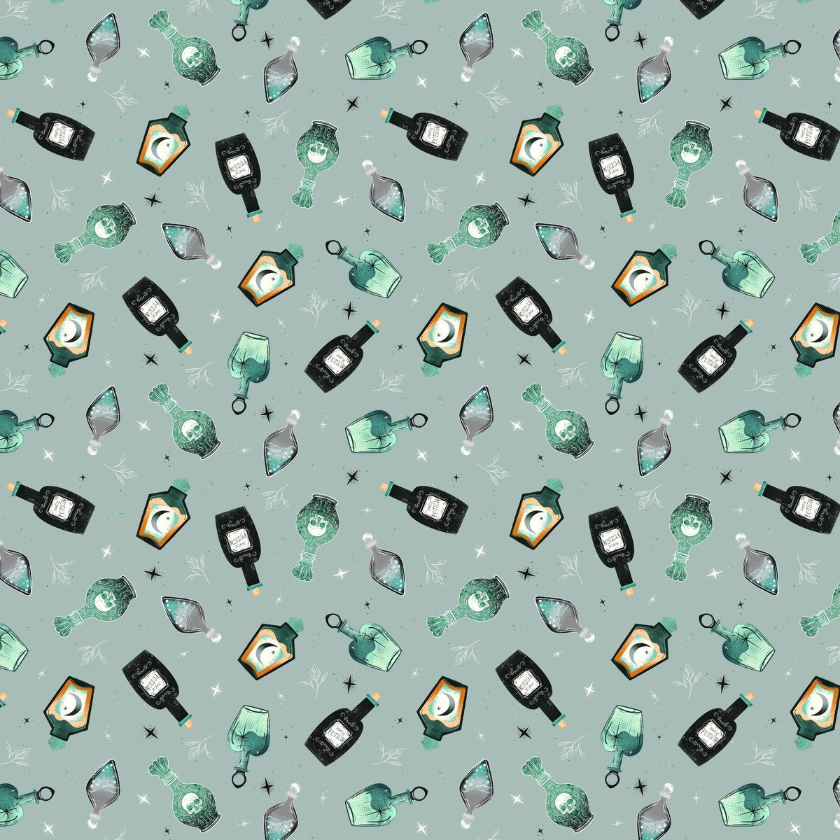 Pattern of various potion bottles on a light blue-grey background