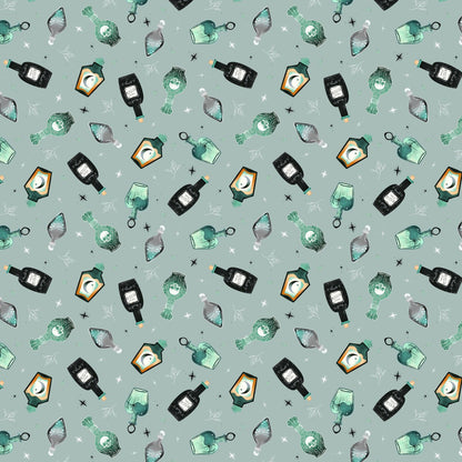 Pattern of various potion bottles on a light blue-grey background