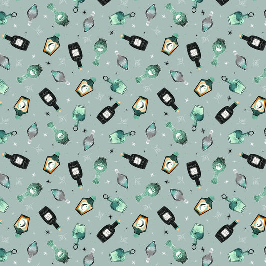 Pattern of various potion bottles on a light blue-grey background